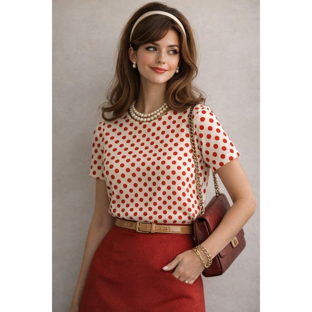 Vintage Sears Red White Polka Dot Top Sz 14 M Blouse Retro SS Rockabilly 60s